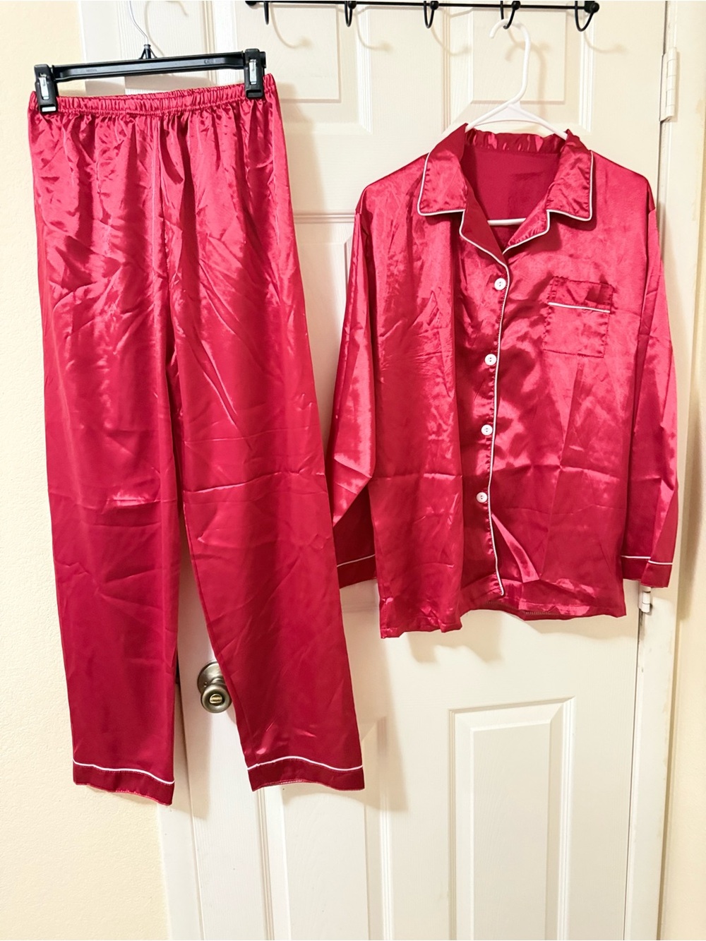 Classic Women's Satin Pajama Set in Red with White Piping